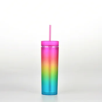 2021 Nov 16 oz Gradient Rainbow Barva Vode Pokal Naravnost SUH Dvojno Plast Plastične Slame Pokal Steklenica za Vodo