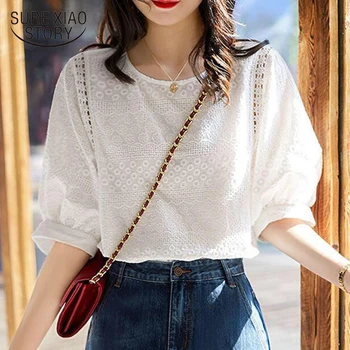 2021 Poletje Nove korejske Modne Ženske Luč Rokav Ohlapne Majice, Vezenje Bombažne Čipke O-vratu Priložnostne Bluze Plus Velikost 13440
