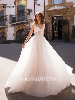 Alonlivn Elegantno Svilnato Organza Proti-Vrat Backless A-Linijo Poročnih Oblek