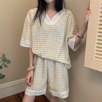Kariran Ženske Pižame Kompleti za Teen Dekleta Poletje Mozaik Čipke Dihanje Preprost Sleepwear Mehko Trendy korejskem Slogu Elegantna Pijamas