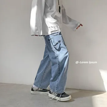 Korejski Široko noge Jeans, Moda za Moške Priložnostne Retro Modre Kavbojke Moški Ulične Svoboden Hip-hop Naravnost Traper Hlače Mens M-2XL