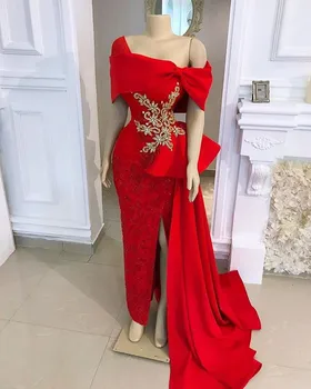 Krasen Rdeče Dolge Večerne Obleke Off Ramo arabski morska deklica Prom Oblačenja 2021 Čipke Beaded Poročne Obleke Formalno Stranko Oblek