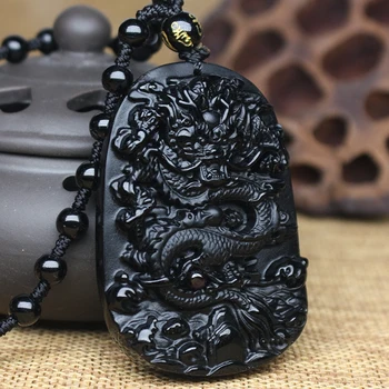 Lep carving naravni črni A obsidian vklesan zmaj črn obesek Amulet Srečo, ogrlico, obesek, Modni Nakit