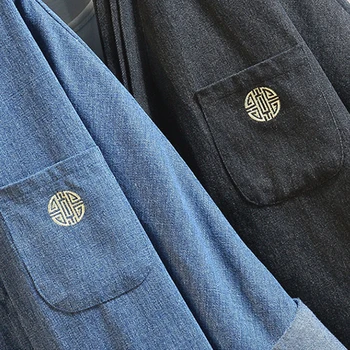 Moški Mehko Denim Kimono Suknjič Žabji Pokrovi Vezenje Vzorec 2021 Nove Tri Četrtine Rokavi Japonskem Stilu Stand Ovratnik Plašč Modre