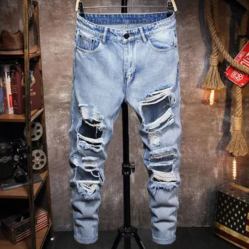 Nov Prihod Slim Moške Jeans, Moda vintage Oprana Veliko luknjo v koleno Raztrgala Tesen Traper Hlače moški oblikovalec oblačil