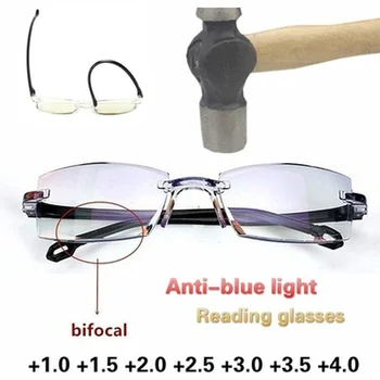 Novi Moški Ženske Rimless Obravnavi Očala Proti Modra Svetloba Bifocal Daleč V Bližini Povečava Očala Presbyopic Očala +150 +200