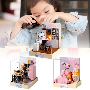 Otroci DIY Lutka Hiša, Lesene Miniaturni Lutke Pohištvo Komplet Izobraževalne Igrače za Otroke Prisoten