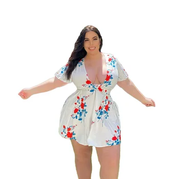 Počitnice Beach Slog Žensk Plus Velikost Obleko 2021 Poletje Očarljivo Seksi Proti-vrat Kratek Rokav Visoko Pasu Cvjetnim Tiskanje Mini Obleke