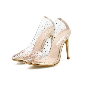 Pregledna diamant steklo copate dame visoke pete sandala 2020 dame visoke pete sandala maturantski poročni čevlji