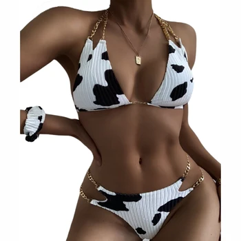 Seksi Krava Tiskanja Žamet Ženske Ločeno Kopalke z Vratu Traku izrežemo Kovinske Verige Bikini Komplet Povodcem Oblazinjeni Dveh Kosov Brazilski