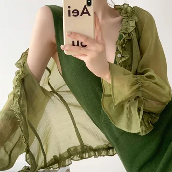 Sladko Francoski Letnik Elegantno Bluze Za Ženske Strappy Zelena Oblikovalec Korejske Modne Majice Plaži Priložnostne Boho Oblačila Poletje 2021