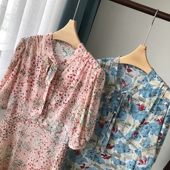 Svila Cvjetnim Tiskanja Žensk Mini Obleka 2021 Pomlad Poletje Kratek Rokav Čipke-Up Obleke s Pearl Gumbi