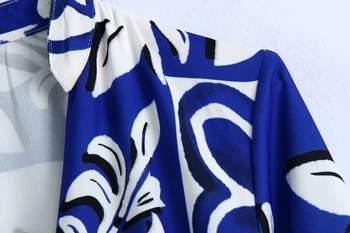 Za 2021 Novo Pomlad Jesen Počitnice Plaže Natisnjena V-izrez Kimono Rokavi Ženske Svoboden Moda Modra Športna Srajca Kratek Bluzo Obleko