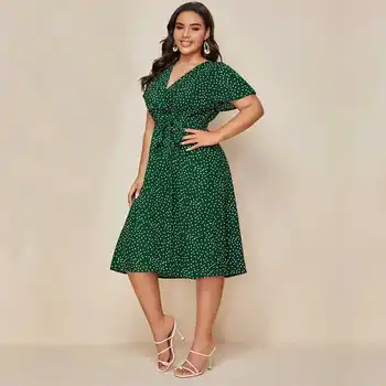 Ženska, oblečena plus velikost zeleni bela polka dot v vratu dolžina veliko obleko poletje split preveliko obleko 4xl